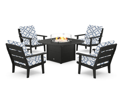 POLYWOOD® Lakeside 5-Piece Deep Seating Set with Nautical Fire Pit Table in Black / Trellis Sky Blue