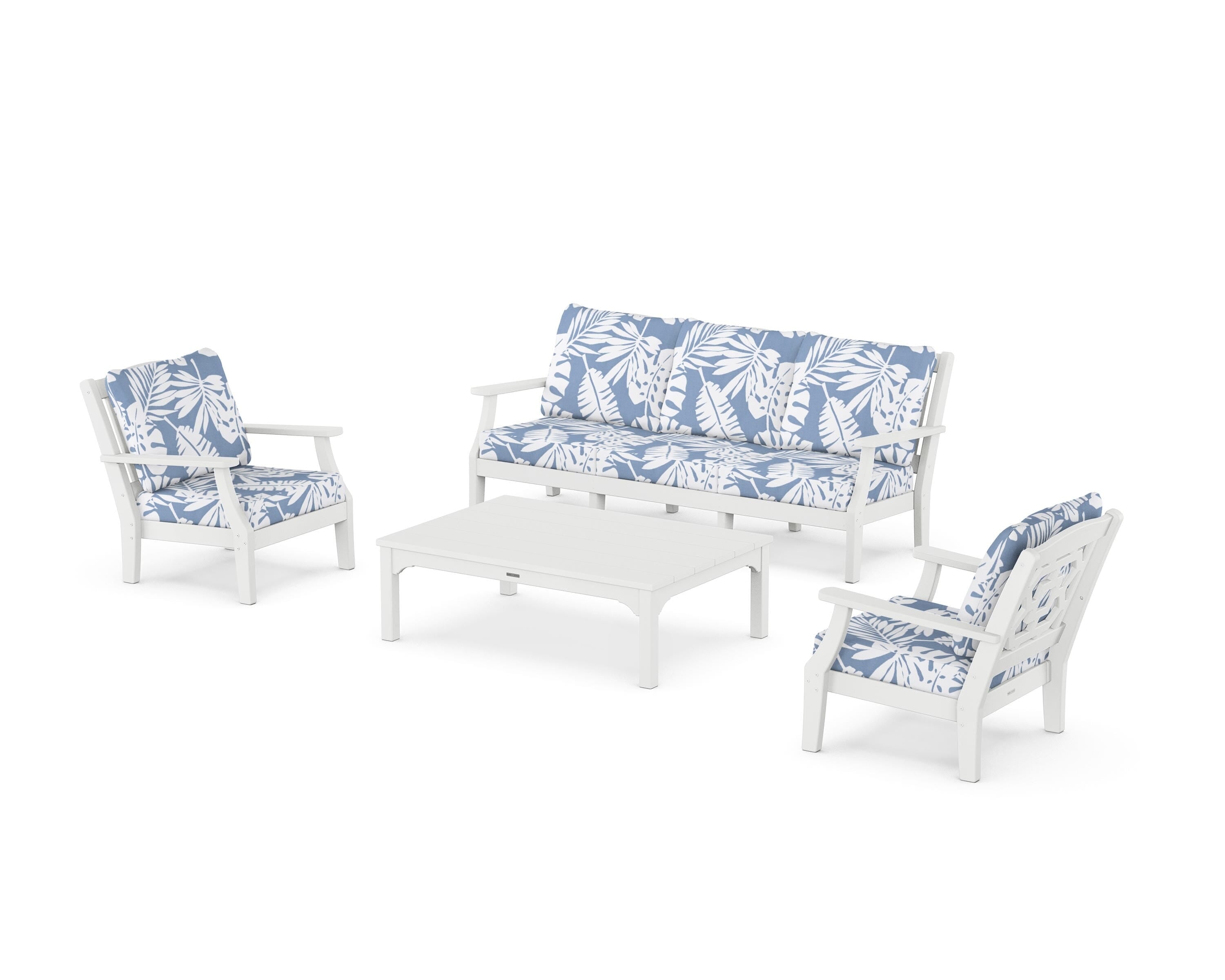 Martha Stewart by POLYWOOD® Chinoiserie 4-Piece Deep Seating Set with Sofa in White / Leaf Sky Blue