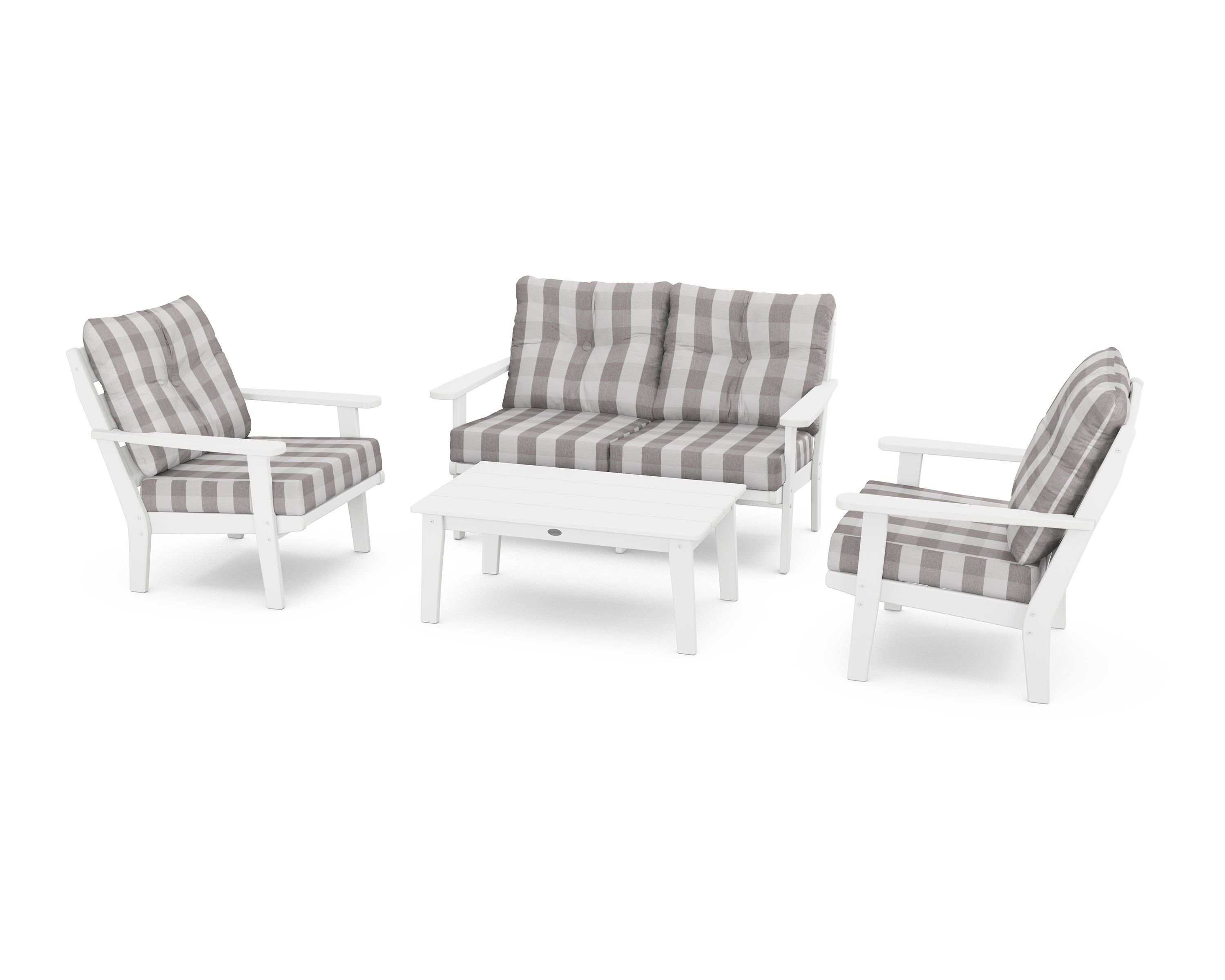 POLYWOOD® Lakeside 4-Piece Deep Seating Set in White / Buffalo Plaid Grey Mist