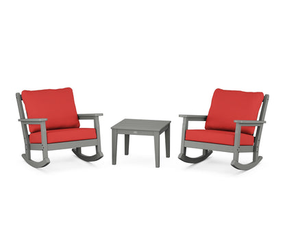POLYWOOD® Chippendale 3-Piece Deep Seating Rocker Set in Slate Grey / Crimson Linen