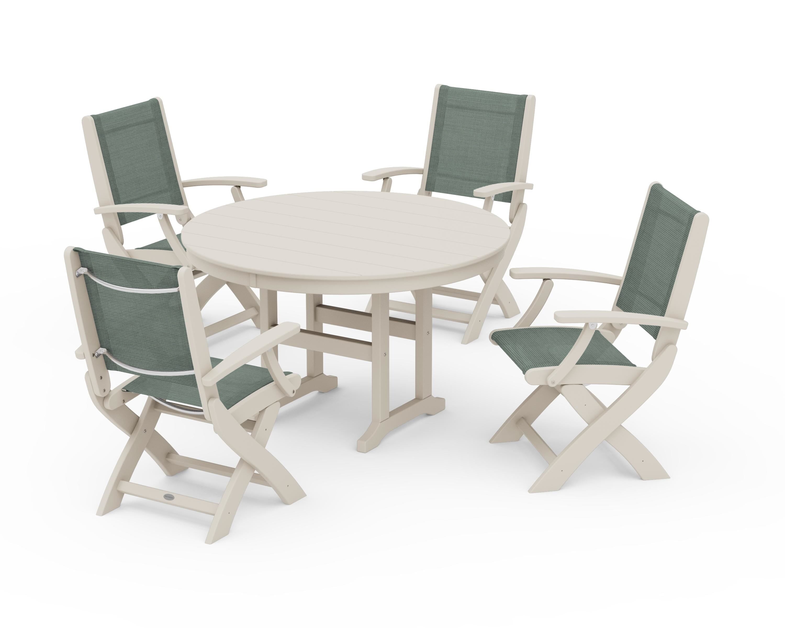 POLYWOOD® Coastal Folding Chair 5-Piece Round Dining Set in Sand / Dupioni Sea Mist Sling