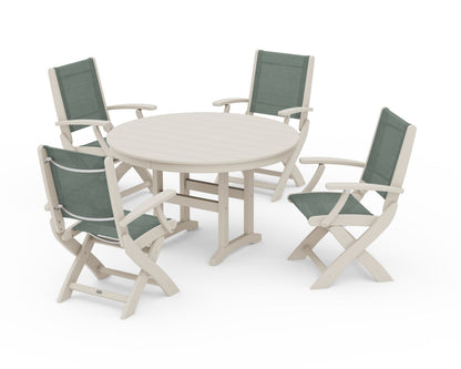 POLYWOOD® Coastal Folding Chair 5-Piece Round Dining Set in Sand / Dupioni Sea Mist Sling