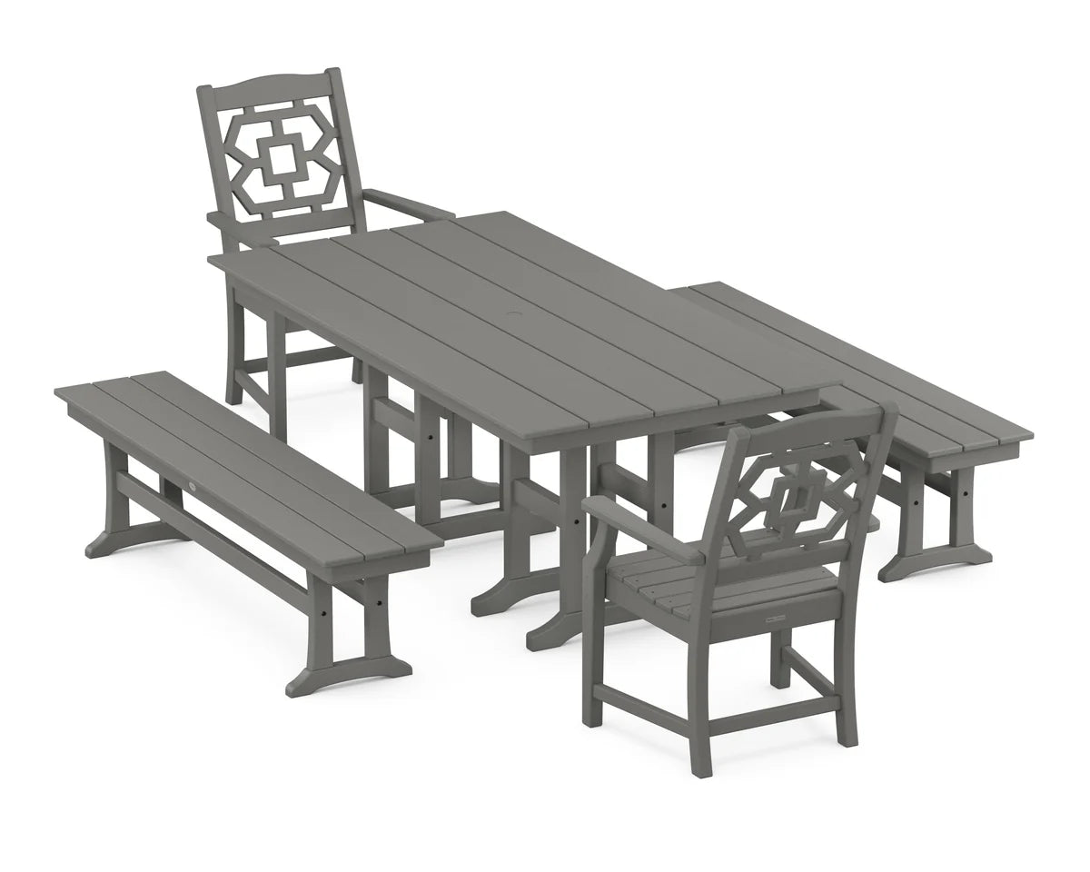 Chinoiserie 5-Piece Farmhouse Dining Set with Benches