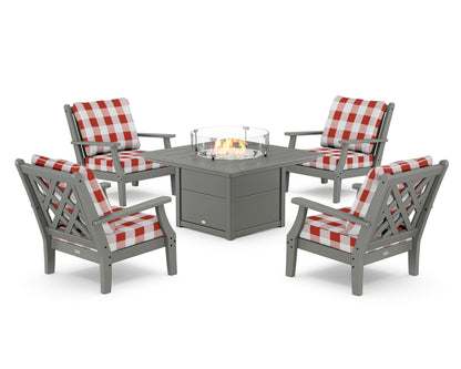 Country Living Wovendale 5-Piece Deep Seating Set with Fire Pit Table in Slate Grey / Buffalo Plaid Crimson
