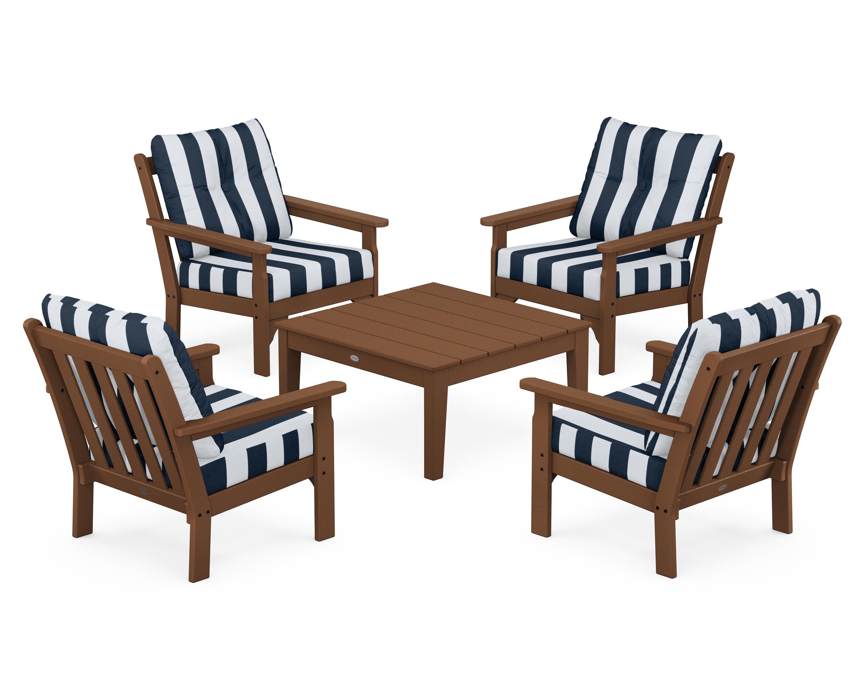 POLYWOOD® Vineyard 5-Piece Deep Seating Conversation Set in Teak / Cabana Stripe Marine Indigo