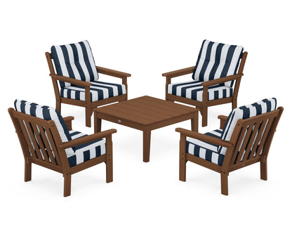 POLYWOOD® Vineyard 5-Piece Deep Seating Conversation Set in Teak / Cabana Stripe Marine Indigo