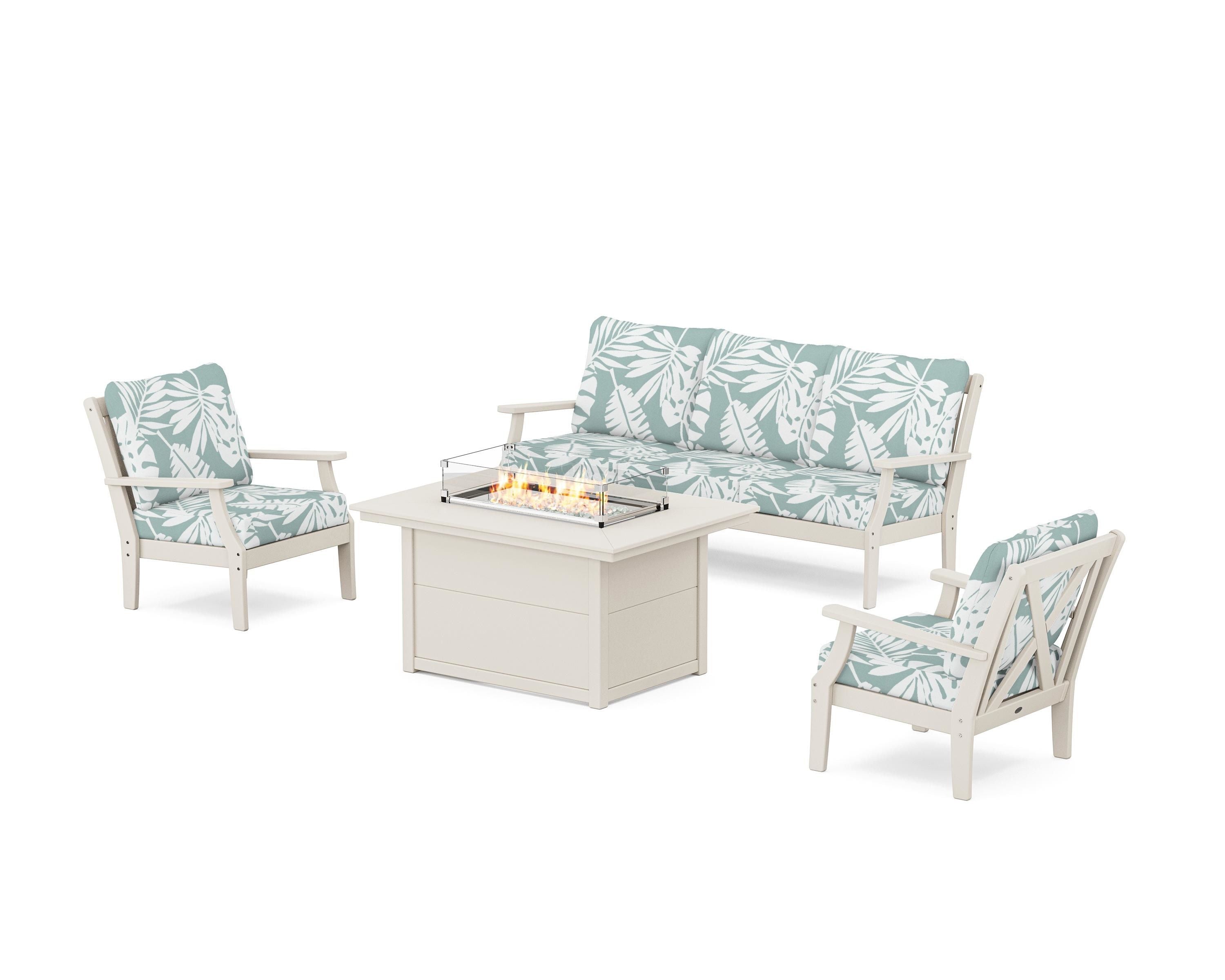 POLYWOOD® Braxton Deep Seating Fire Pit Table Set in Sand / Leaf Glacier Spa