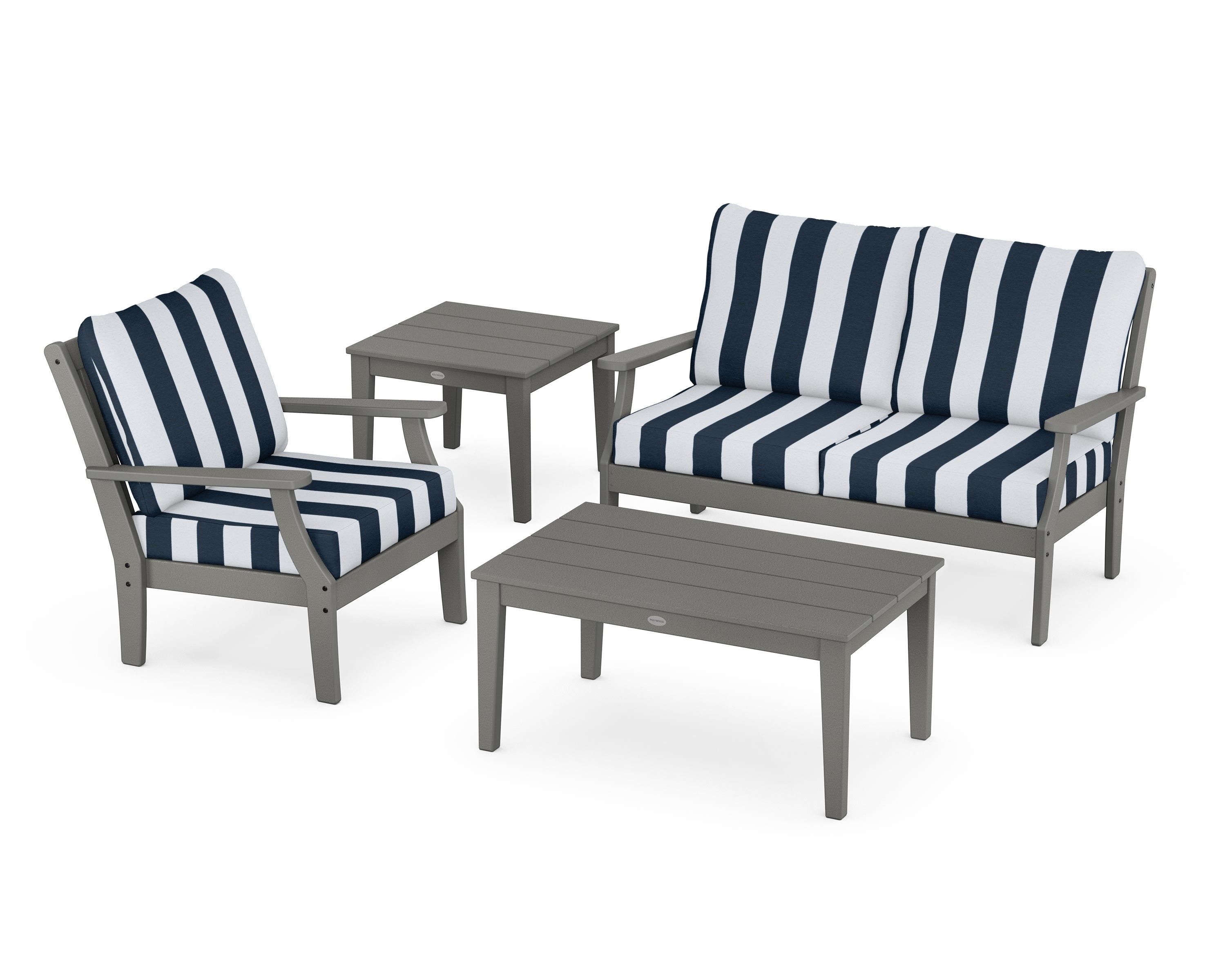 POLYWOOD® Braxton 4-Piece Deep Seating Set in Slate Grey / Cabana Stripe Marine Indigo