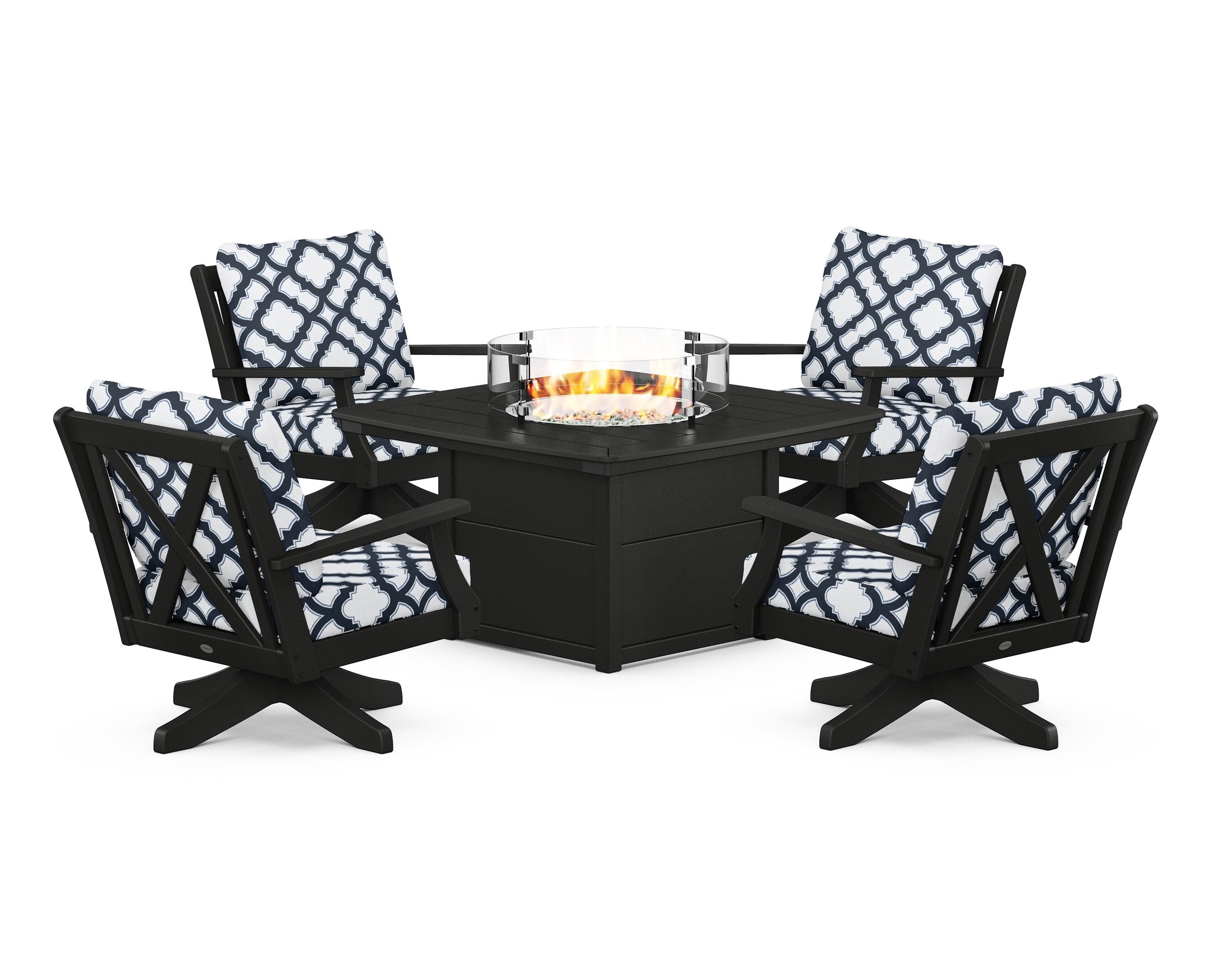 POLYWOOD® Braxton 5-Piece Deep Seating Swivel Conversation Set with Fire Pit Table in Black / Trellis Marine Indigo