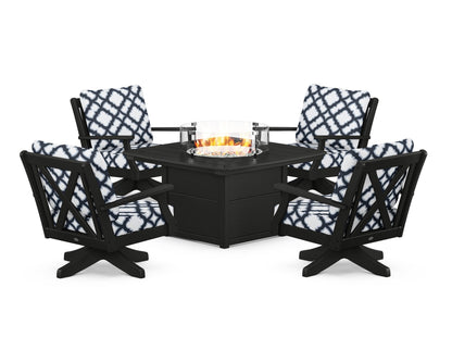 POLYWOOD® Braxton 5-Piece Deep Seating Swivel Conversation Set with Fire Pit Table in Black / Trellis Marine Indigo