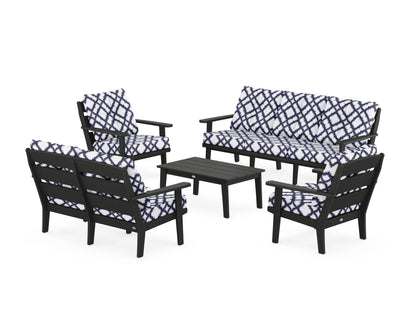POLYWOOD® Lakeside 5-Piece Lounge Sofa Set in Black / Trellis Navy