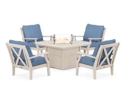 POLYWOOD® Braxton 5-Piece Deep Seating Conversation Set with Fire Pit Table in Sand / Sky Blue
