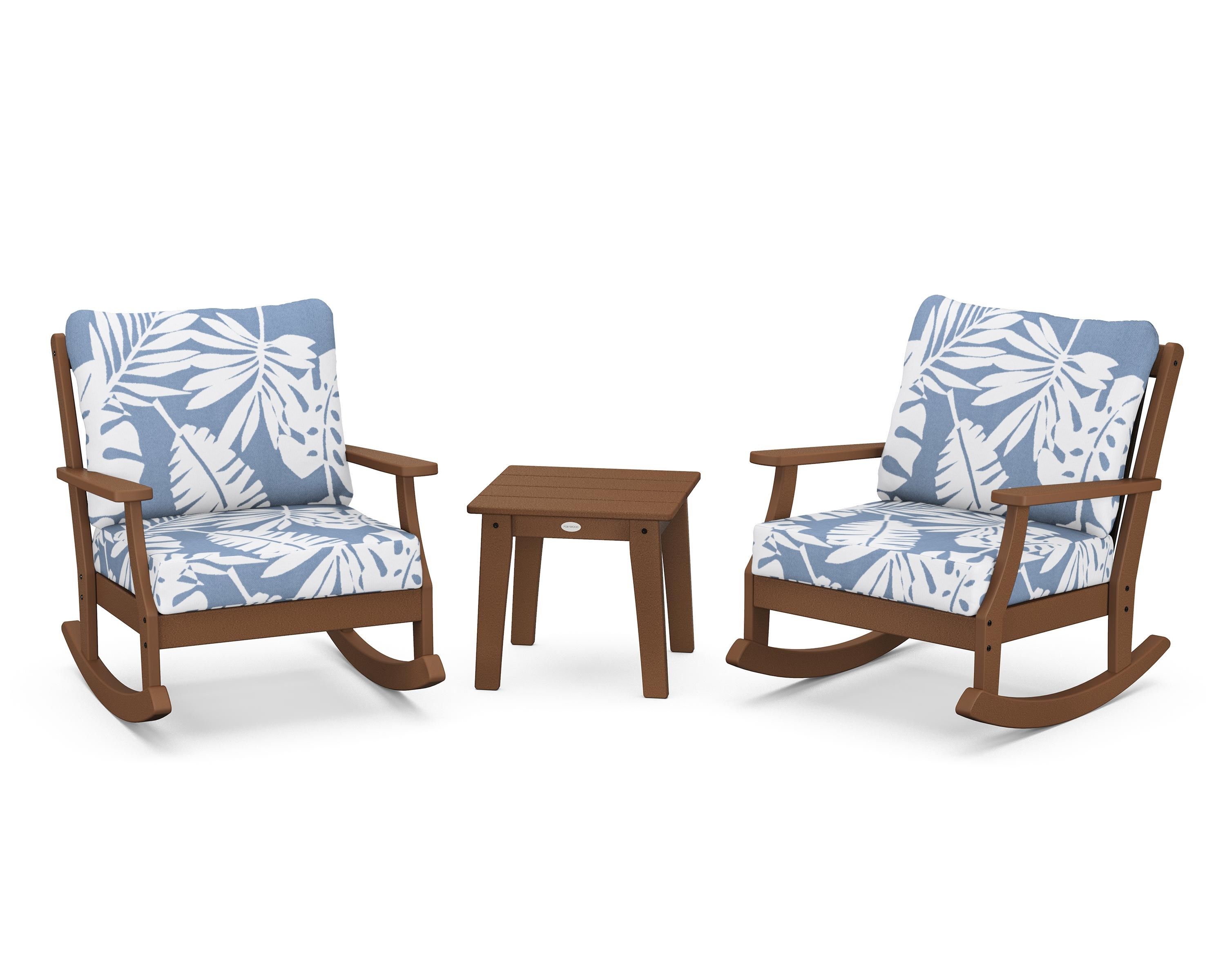 POLYWOOD® Braxton 3-Piece Deep Seating Rocker Set in Teak / Leaf Sky Blue
