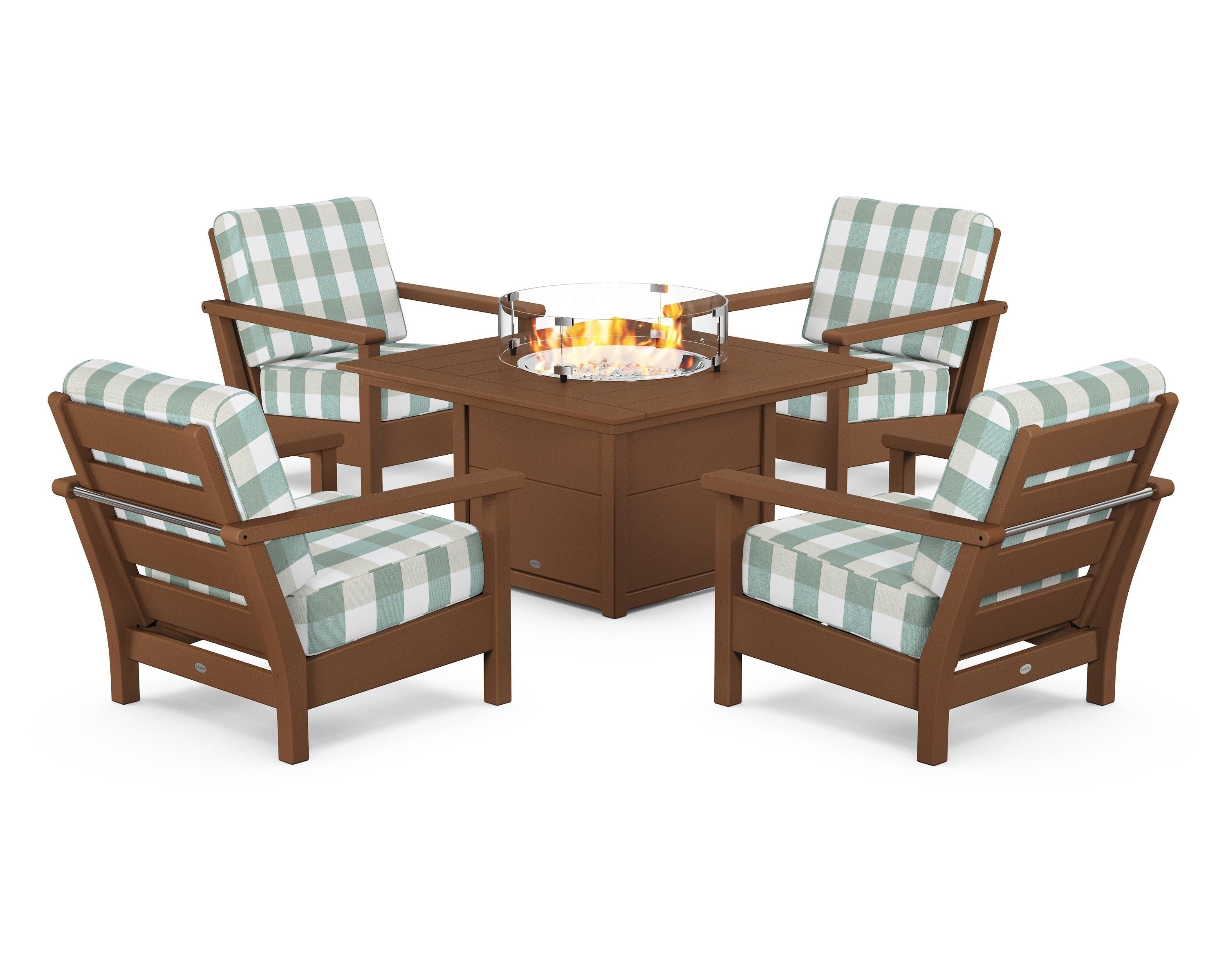 POLYWOOD® Harbour 5-Piece Conversation Set with Fire Pit Table in Teak / Buffalo Plaid Glacier Spa