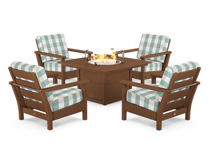 POLYWOOD® Harbour 5-Piece Conversation Set with Fire Pit Table in Teak / Buffalo Plaid Glacier Spa