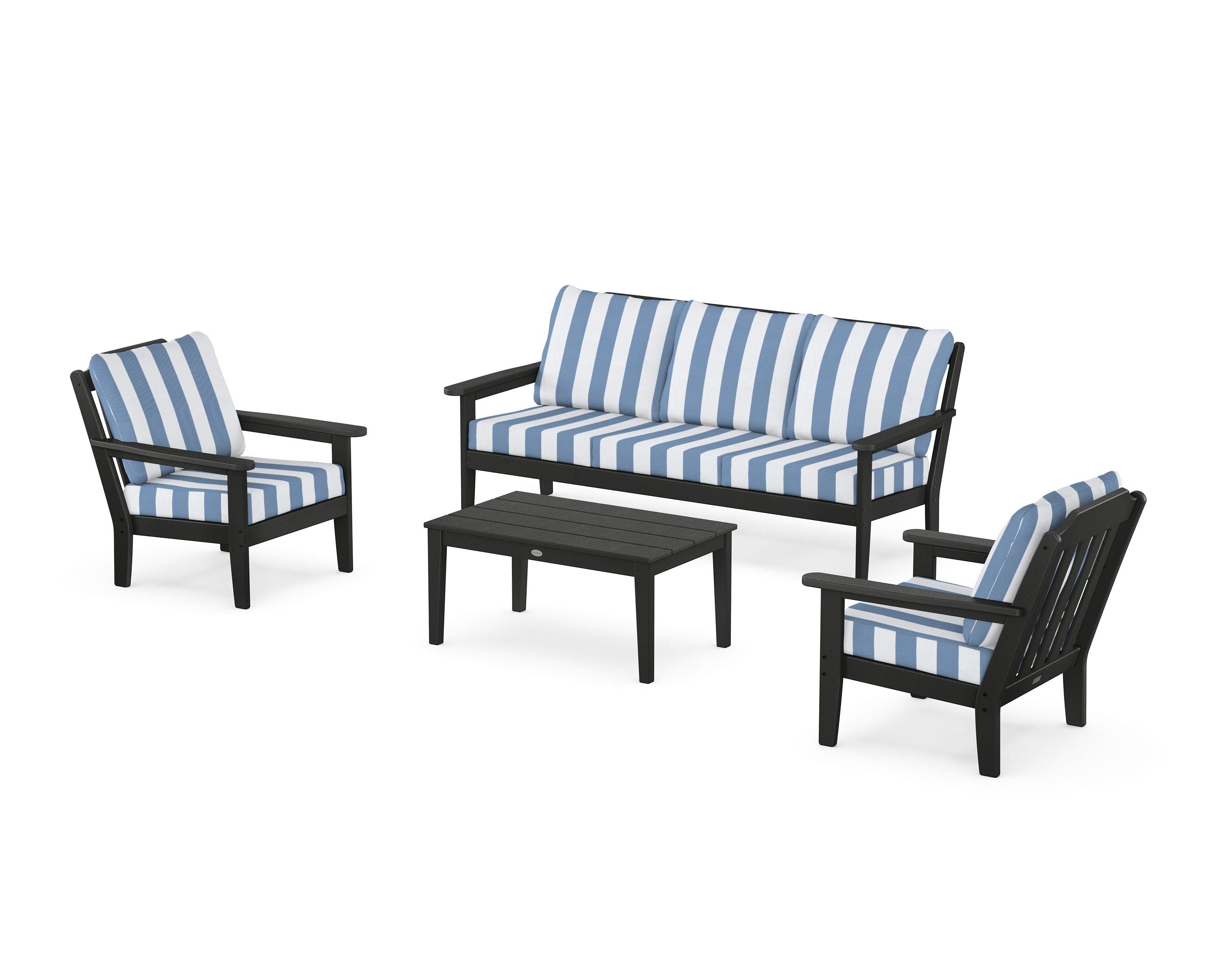 Country Living Cottage 4-Piece Deep Seating Set with Sofa in Black / Cabana Stripe Sky Blue