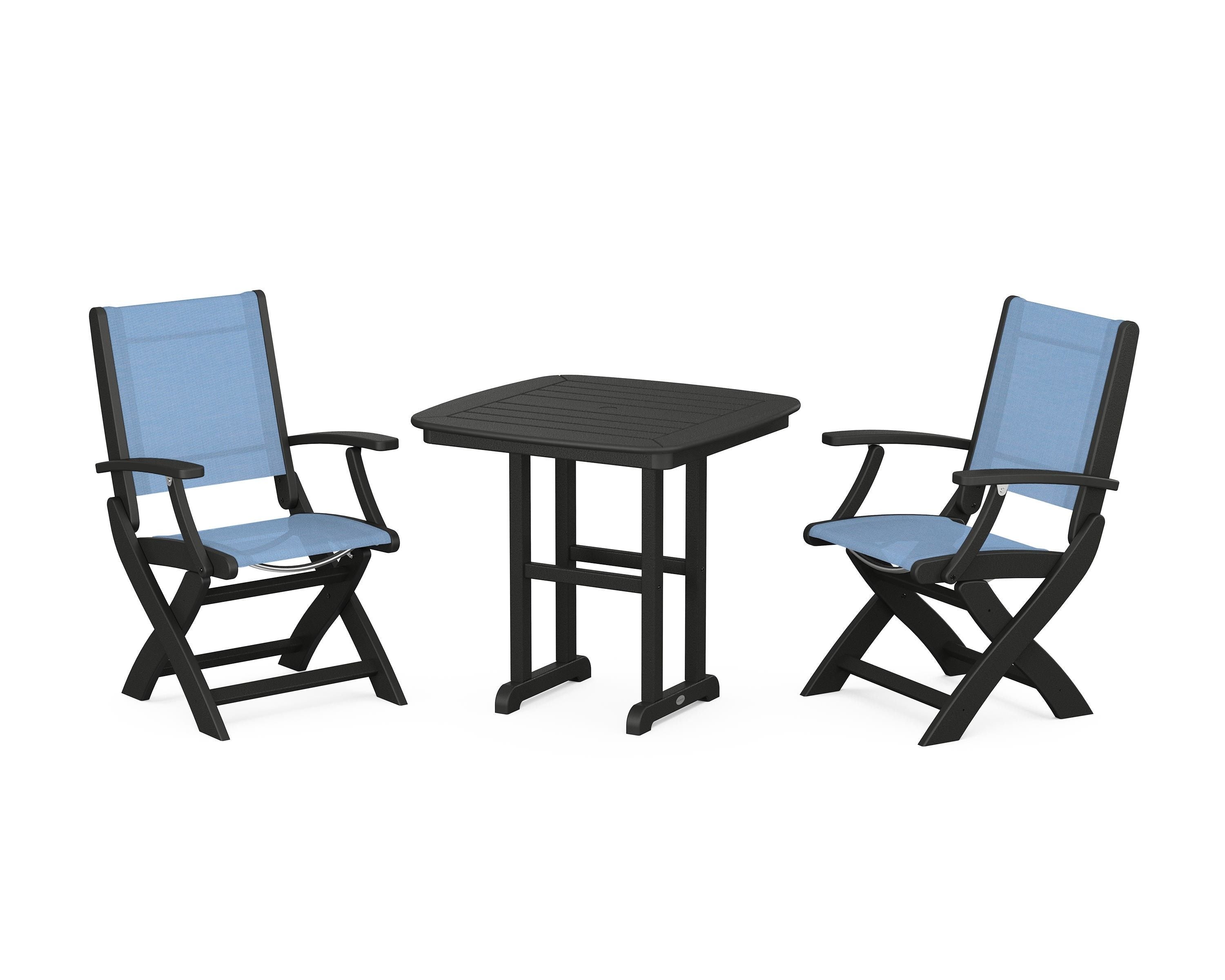 POLYWOOD® Coastal Folding Chair 3-Piece Dining Set in Black / Poolside Sling