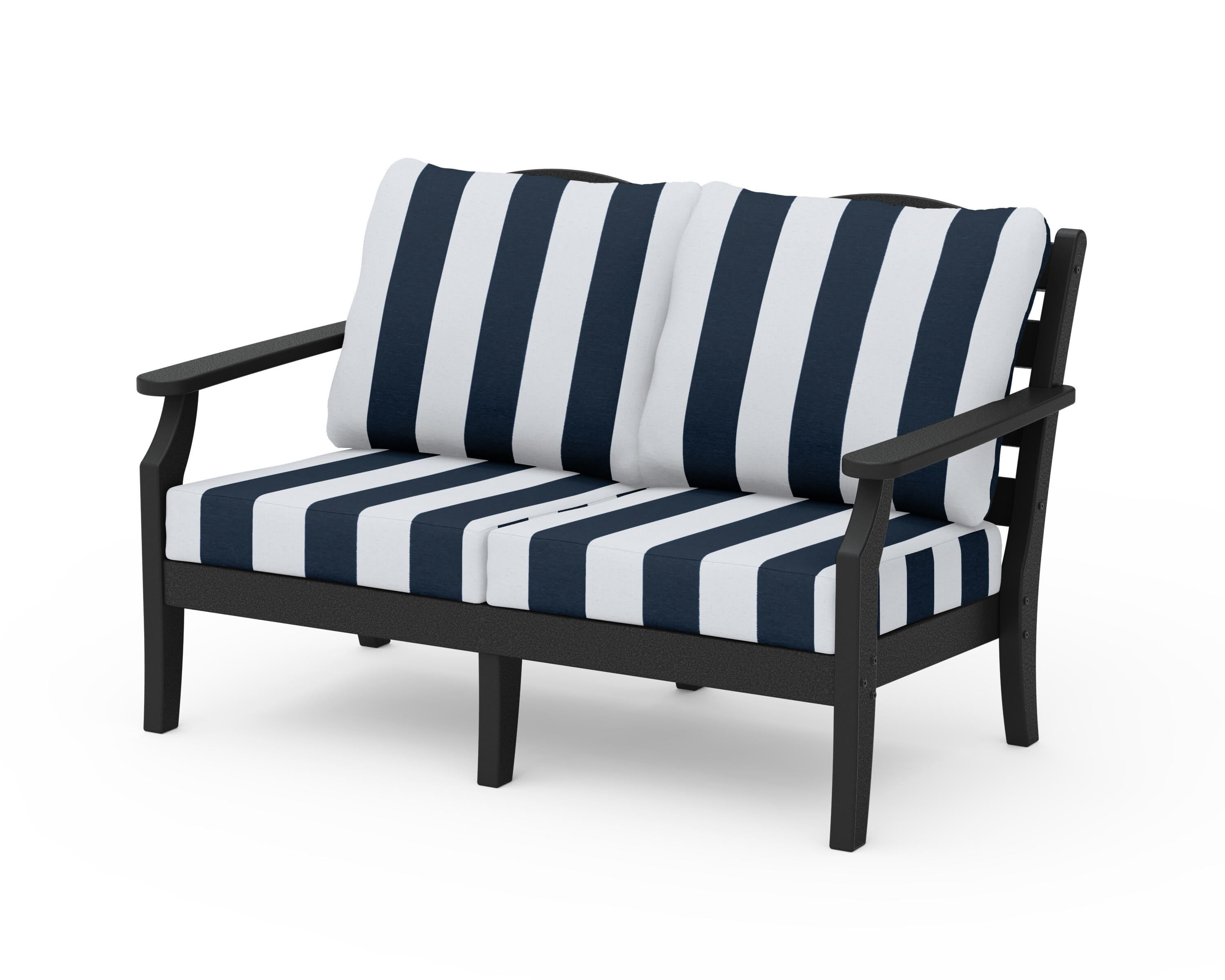 Draper James™ by  POLYWOOD® Savannah Deep Seating Loveseat in Black / Cabana Stripe Marine Indigo