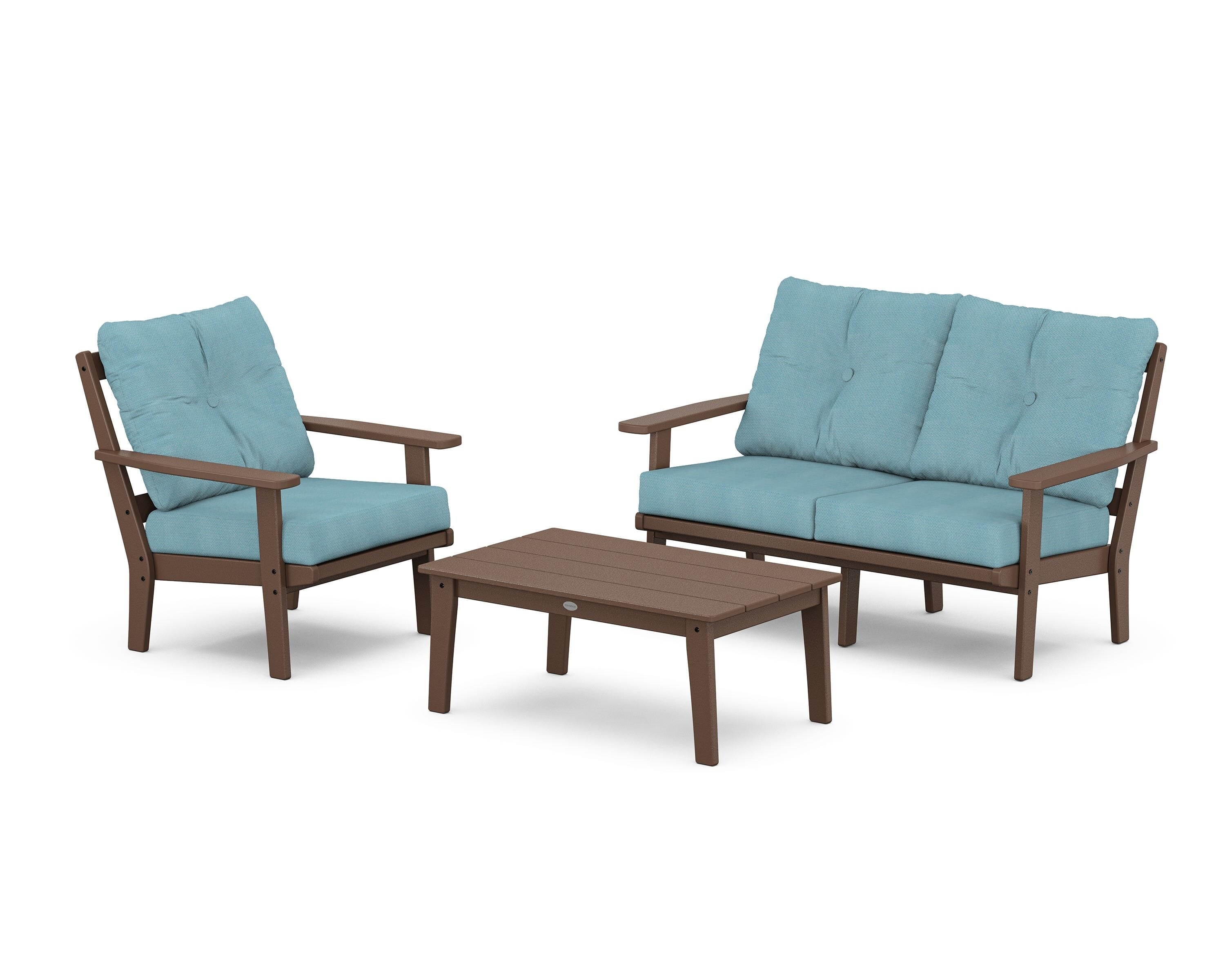 POLYWOOD® Oxford 3-Piece Deep Seating Set with Loveseat in Mahogany / Lattice Sky Blue