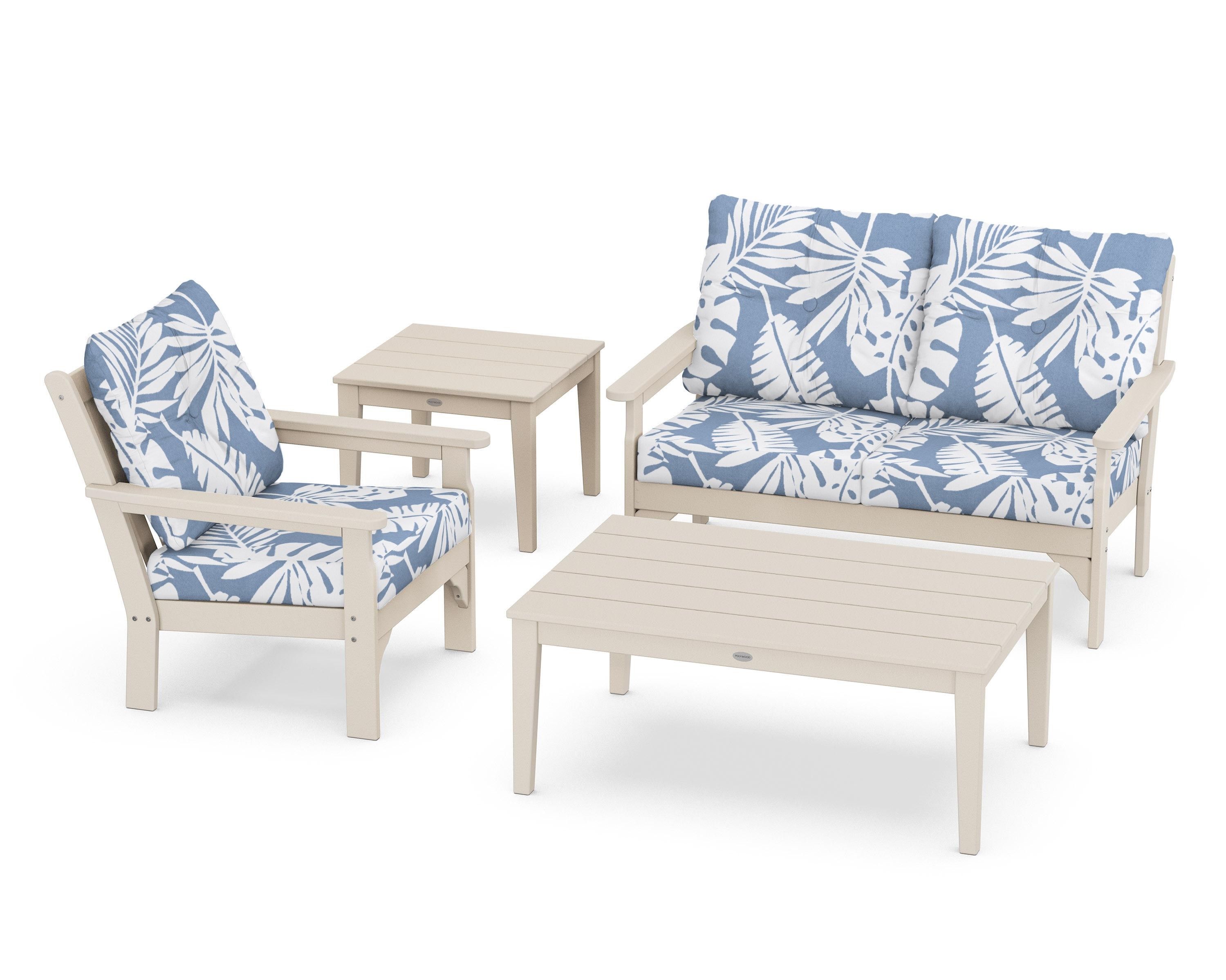 POLYWOOD® Vineyard 4-Piece Deep Seating Set in Sand / Leaf Sky Blue