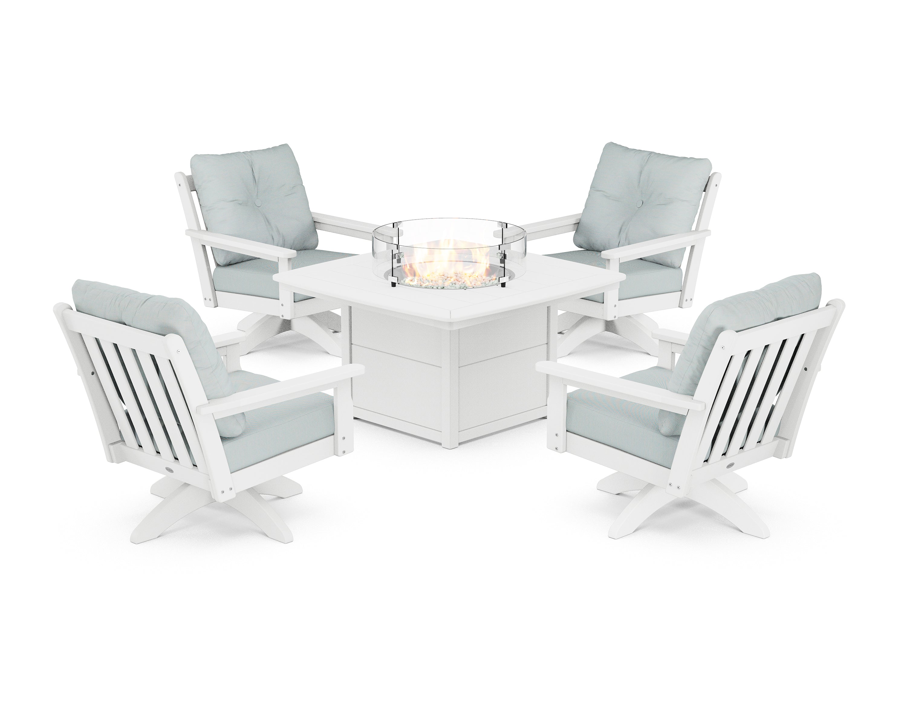 POLYWOOD® Vineyard 5-Piece Deep Seating Swivel Conversation Set with Fire Pit Table in White / Spa