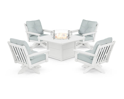 POLYWOOD® Vineyard 5-Piece Deep Seating Swivel Conversation Set with Fire Pit Table in White / Spa