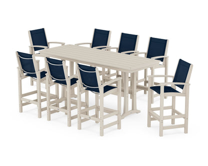 POLYWOOD® Coastal 9-Piece Bar Set with Trestle Legs in Sand / Navy Blue Sling
