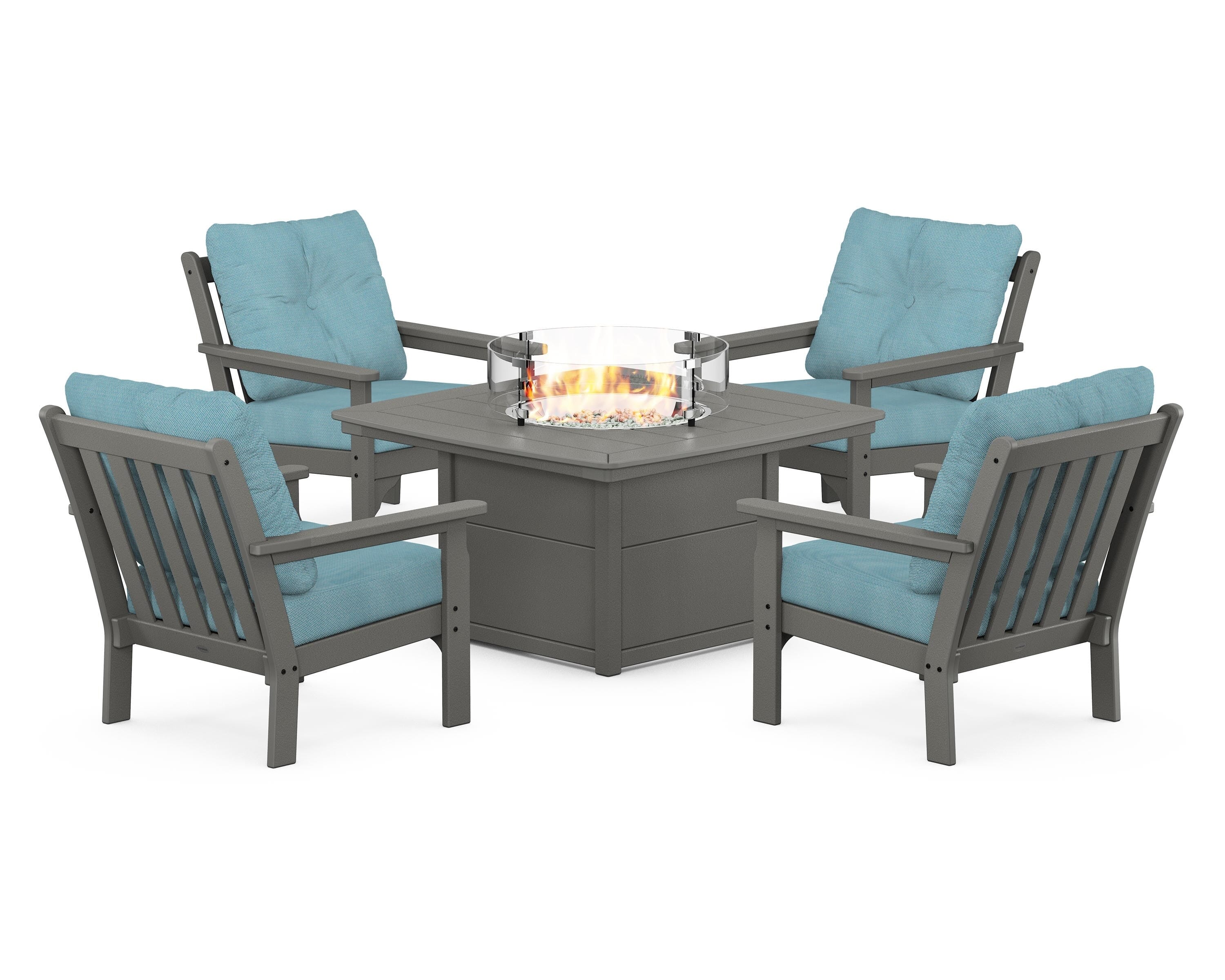 POLYWOOD® Vineyard 5-Piece Conversation Set with Fire Pit Table in Slate Grey / Lattice Sky Blue