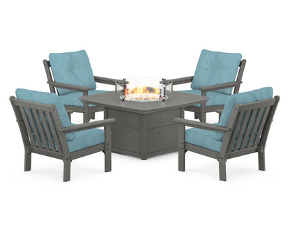 POLYWOOD® Vineyard 5-Piece Conversation Set with Fire Pit Table in Slate Grey / Lattice Sky Blue
