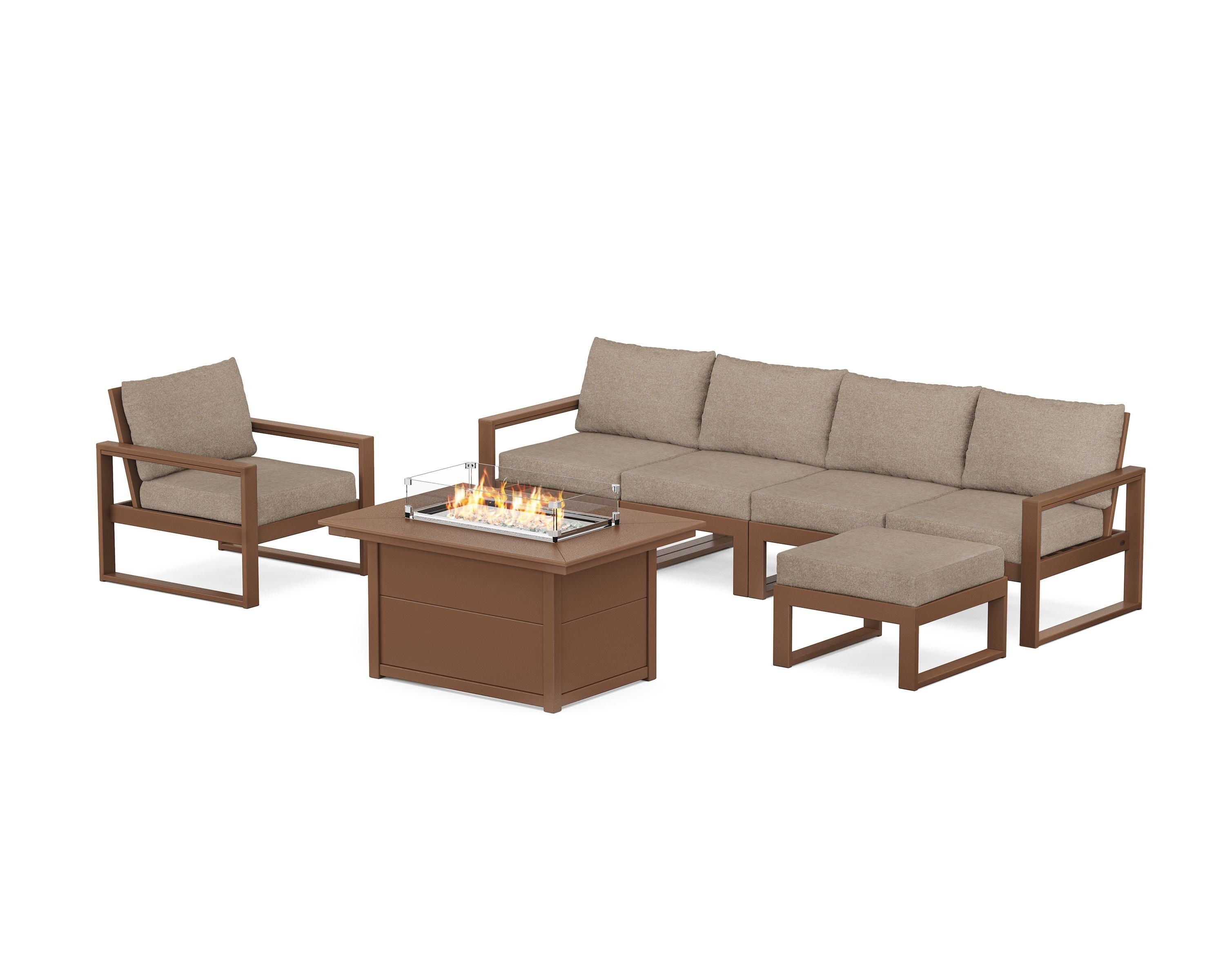 POLYWOOD® EDGE Sectional Lounge and Fire Pit Set in Teak / Spiced Burlap