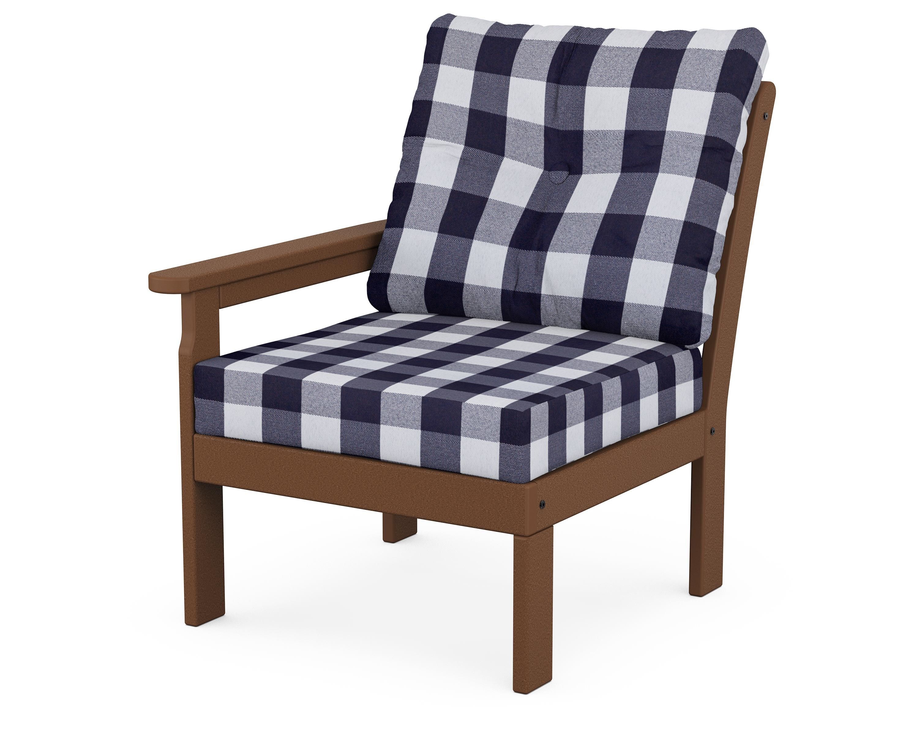 POLYWOOD® Vineyard Modular Left Arm Chair in Teak / Buffalo Plaid Navy