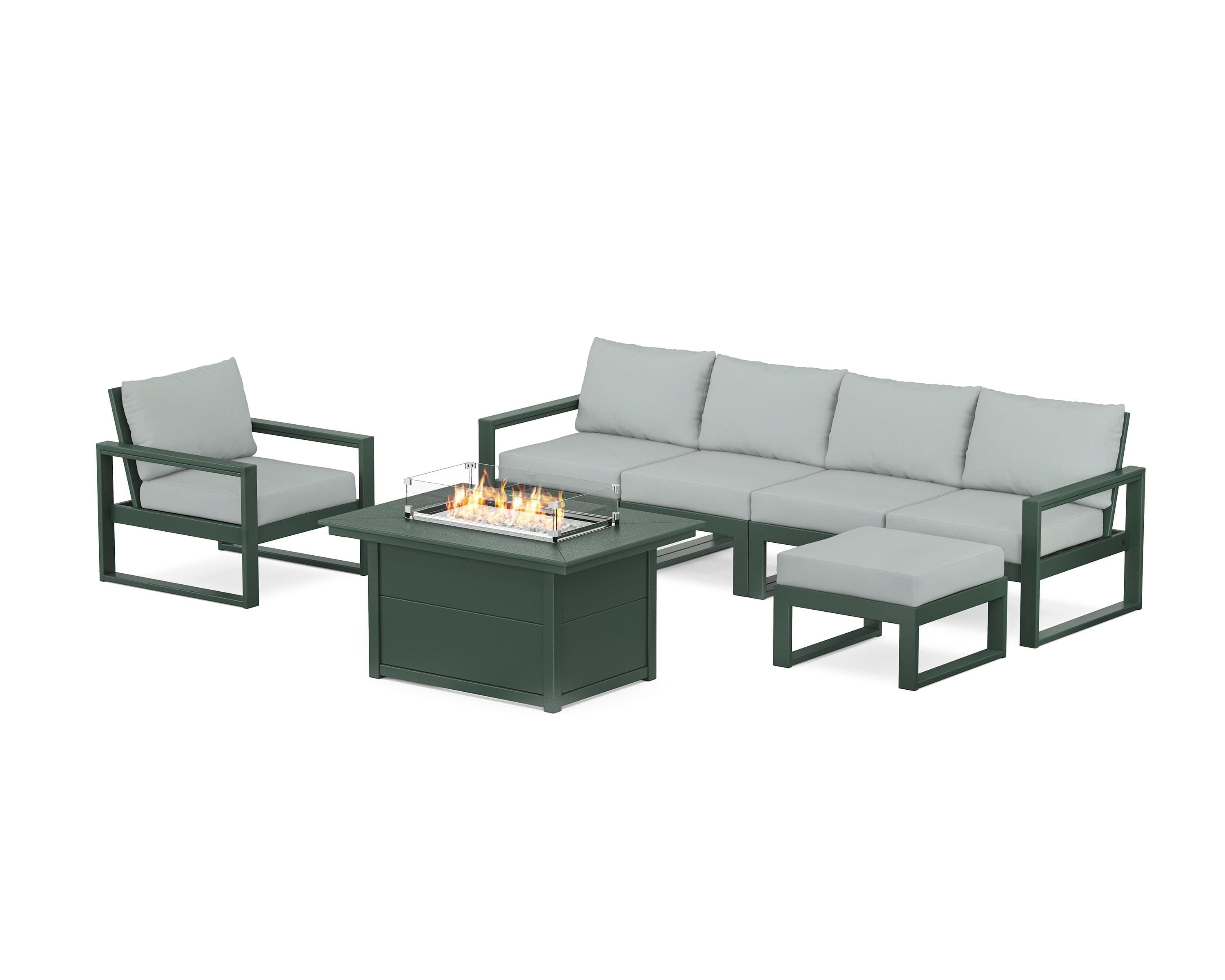 POLYWOOD® EDGE Sectional Lounge and Fire Pit Set in Green / Spa