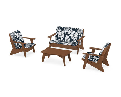 POLYWOOD® Riviera Modern Lounge 4-Piece Set in Teak / Leaf Marine Indigo