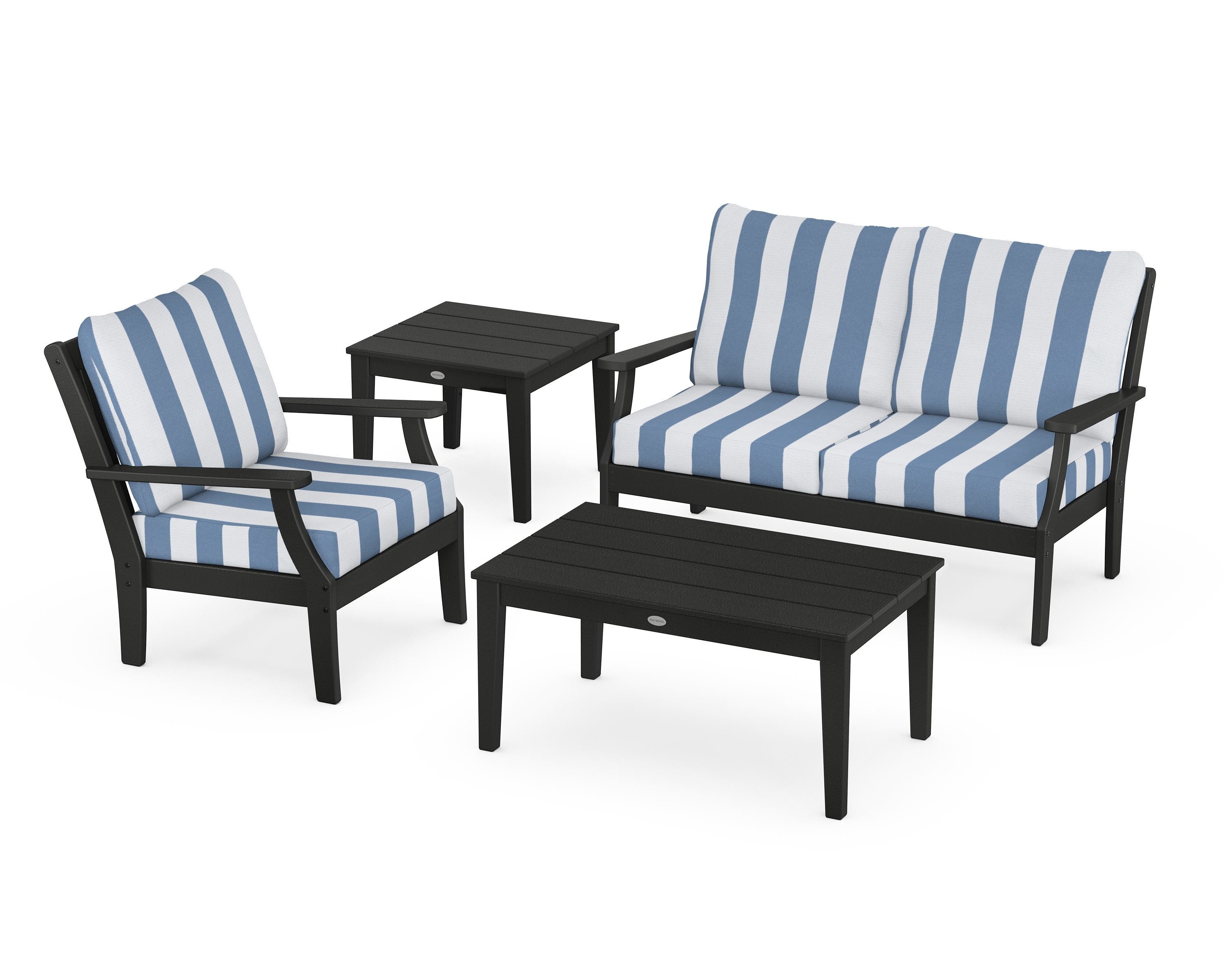 POLYWOOD® Braxton 4-Piece Deep Seating Set in Black / Cabana Stripe Sky Blue