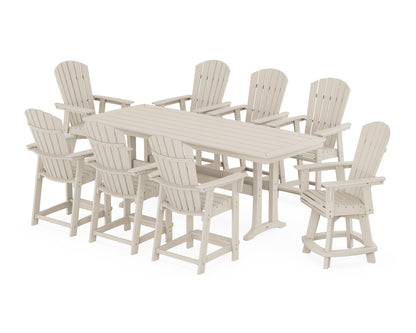 POLYWOOD® Nautical Curveback Adirondack Swivel 9-Piece Counter Set with Trestle Legs in Sand