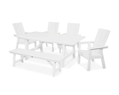 POLYWOOD® Modern Curveback Adirondack 6-Piece Rustic Farmhouse Dining Set with Bench in White