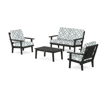 POLYWOOD® Oxford 4-Piece Deep Seating Set with Loveseat in Black / Trellis Glacier Spa