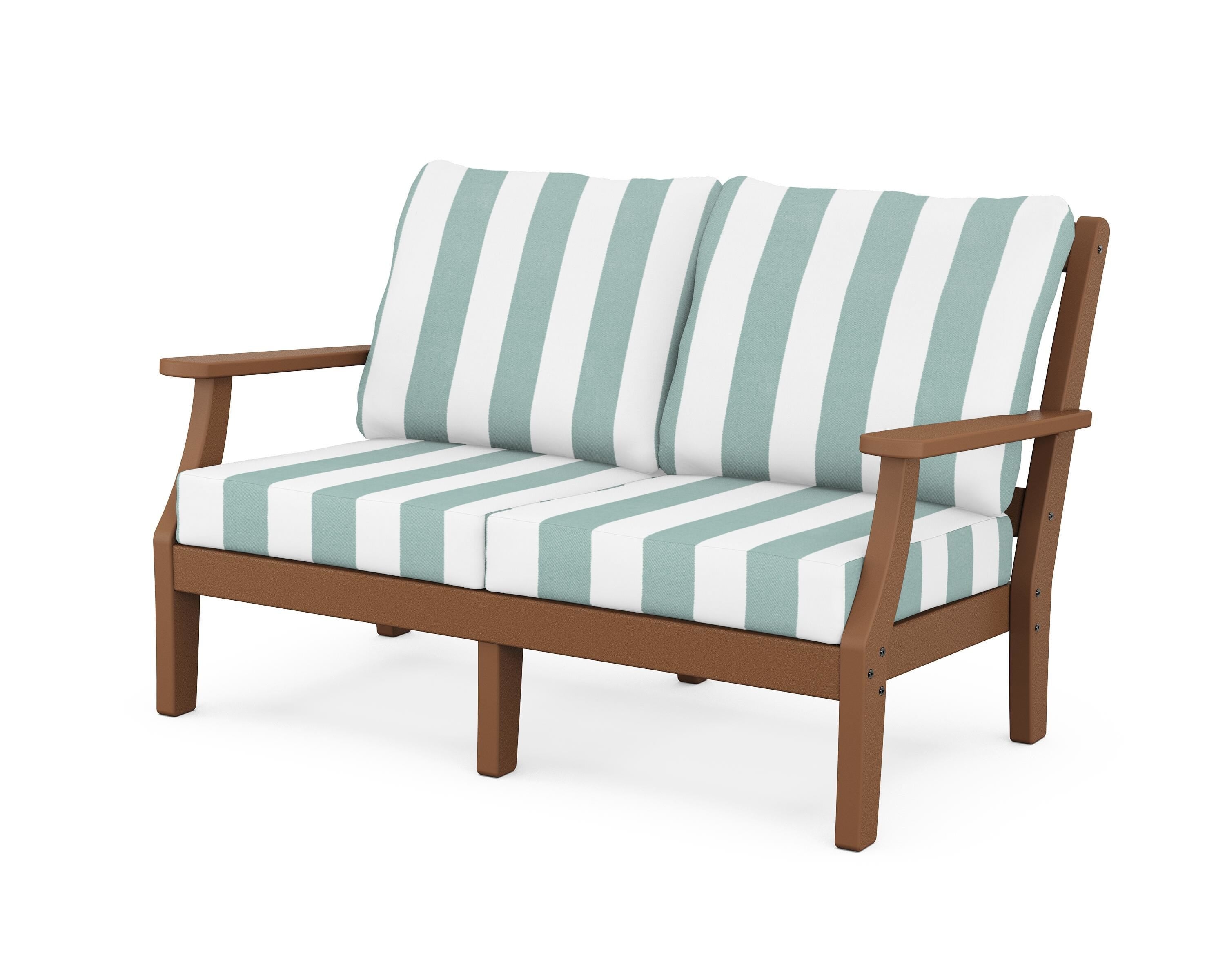 Martha Stewart by POLYWOOD® Chinoiserie Deep Seating Loveseat in Teak / Cabana Stripe Glacier Spa