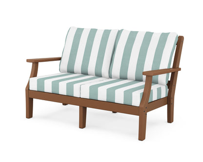 Martha Stewart by POLYWOOD® Chinoiserie Deep Seating Loveseat in Teak / Cabana Stripe Glacier Spa
