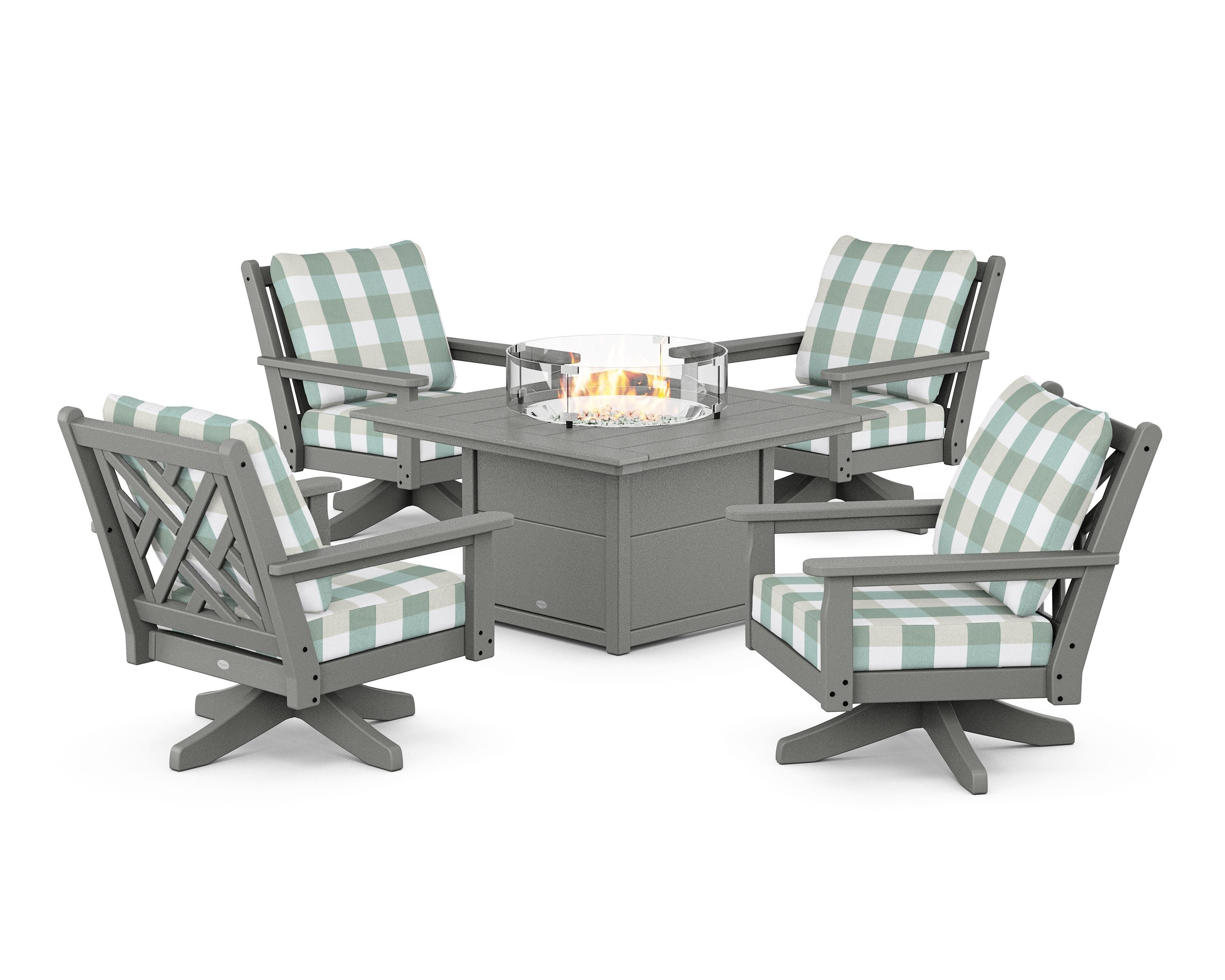 POLYWOOD® Chippendale 5-Piece Deep Seating Swivel Conversation Set with Fire Pit Table in Slate Grey / Buffalo Plaid Glacier Spa