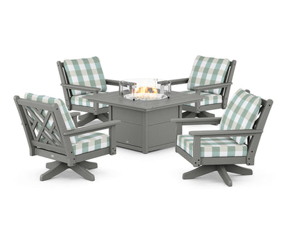 POLYWOOD® Chippendale 5-Piece Deep Seating Swivel Conversation Set with Fire Pit Table in Slate Grey / Buffalo Plaid Glacier Spa