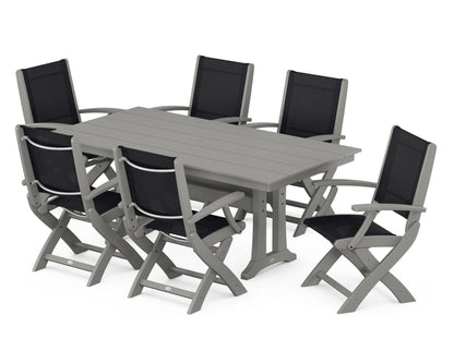 POLYWOOD® Coastal Folding Arm Chair 7-Piece Farmhouse Dining Set with Trestle Legs in Slate Grey / Black Sling