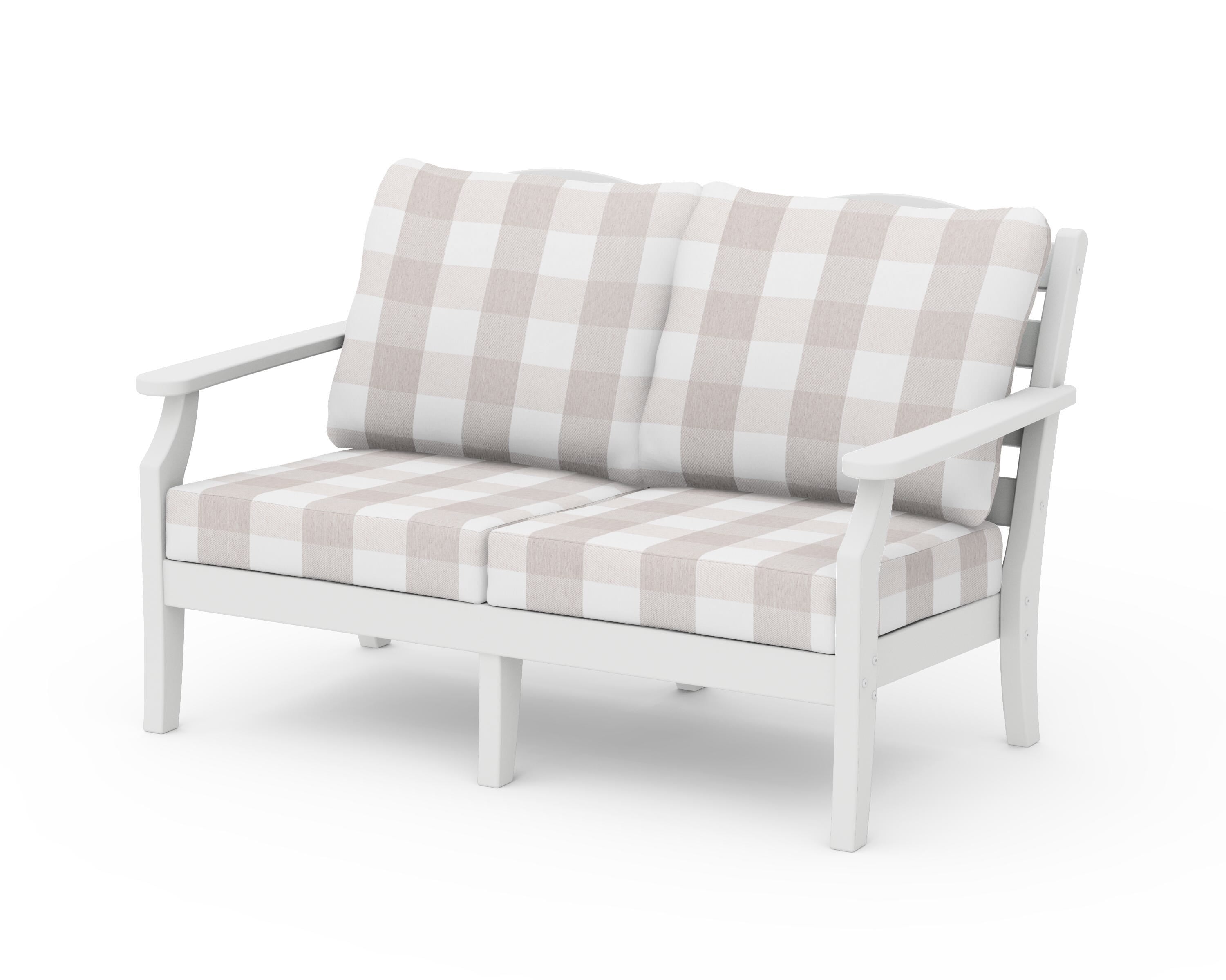 Draper James™ by  POLYWOOD® Savannah Deep Seating Loveseat in White / Buffalo Plaid Dune Burlap