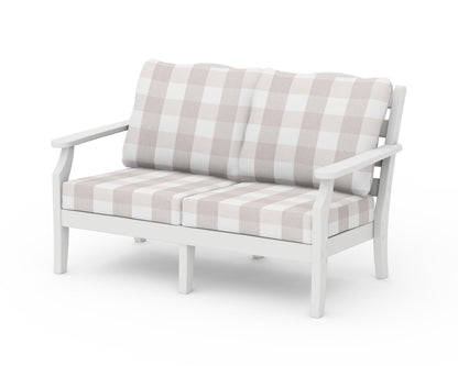 Draper James™ by  POLYWOOD® Savannah Deep Seating Loveseat in White / Buffalo Plaid Dune Burlap