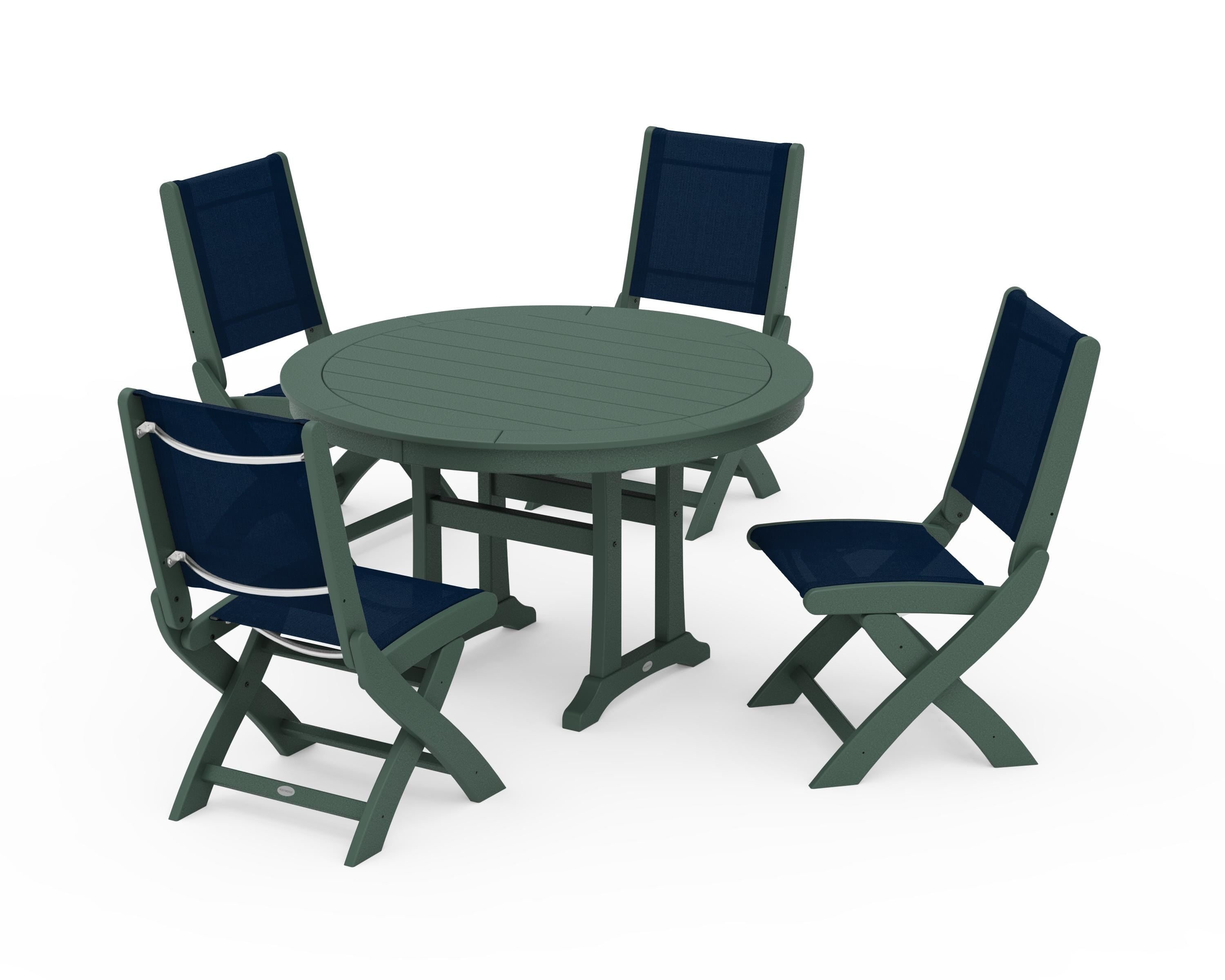 POLYWOOD® Coastal Folding Side Chair 5-Piece Round Dining Set With Trestle Legs in Green / Navy Blue Sling