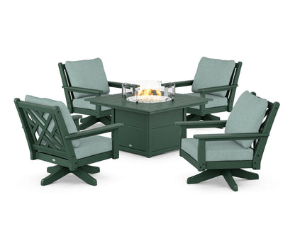 POLYWOOD® Chippendale 5-Piece Deep Seating Swivel Conversation Set with Fire Pit Table in Green / Glacier Spa