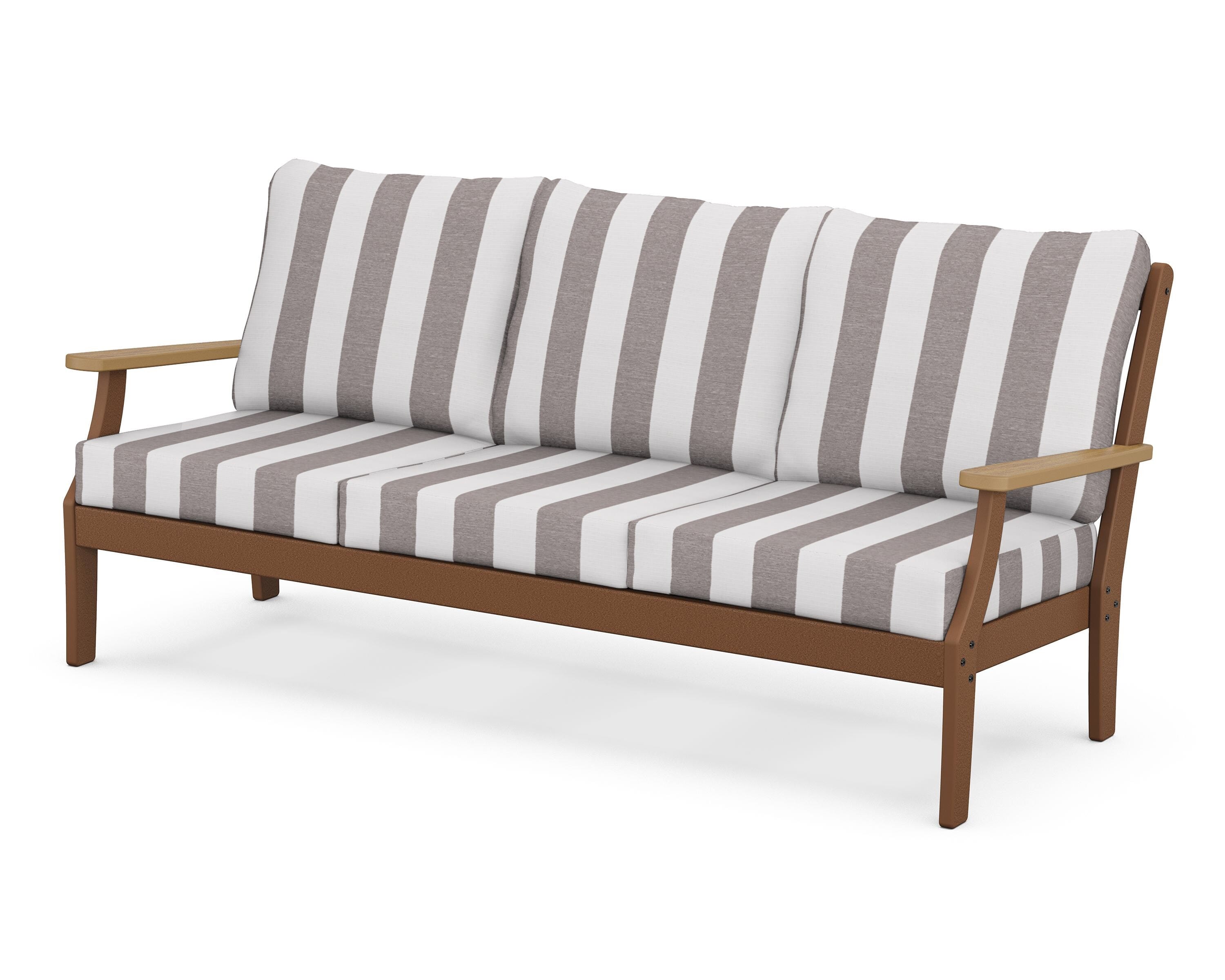 POLYWOOD® Braxton Deep Seating Sofa in Teak / Natural / Cabana Stripe Grey Mist