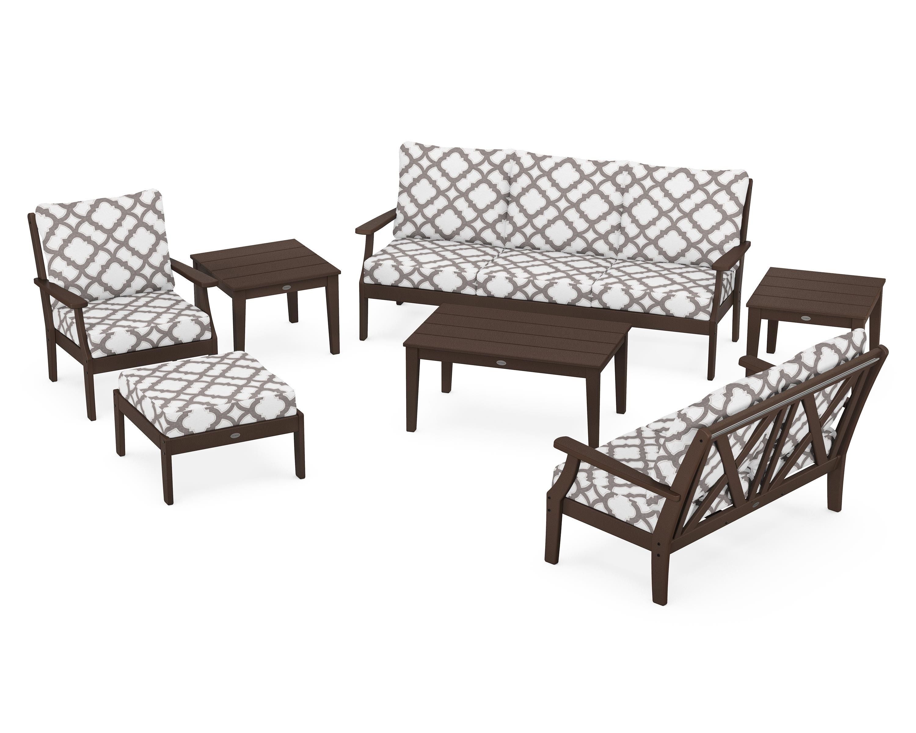POLYWOOD® Braxton 7-Piece Deep Seating Set in Mahogany / Trellis Grey Mist