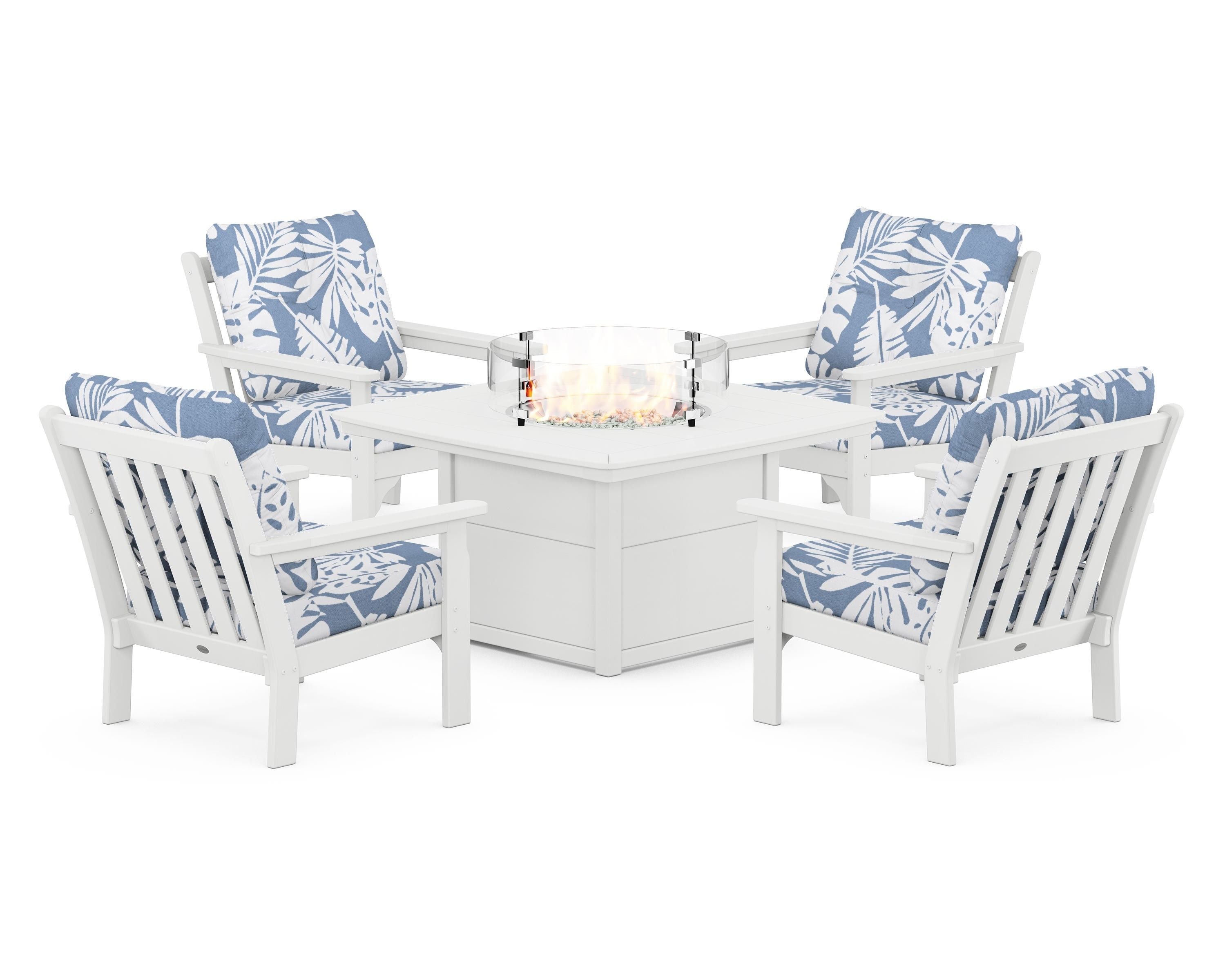 POLYWOOD® Vineyard 5-Piece Conversation Set with Fire Pit Table in White / Leaf Sky Blue