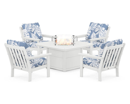 POLYWOOD® Vineyard 5-Piece Conversation Set with Fire Pit Table in White / Leaf Sky Blue